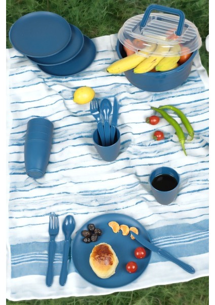 6 Kişilik 32 Parça Piknik Seti Plastik Bardak Çatal Kaşık Bıçak Yemek Kahvaltı Takımı-Lacivert fırsatları