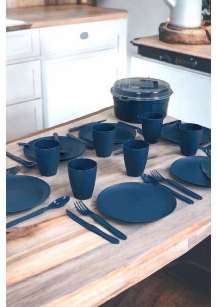 6 Kişilik 32 Parça Piknik Seti Plastik Bardak Çatal Kaşık Bıçak Yemek Kahvaltı Takımı-Lacivert