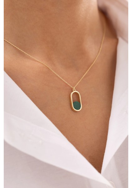 Oval Çerçeveli Yeşil Doğal Taş 14 Ayar Altın Kolye fiyatları