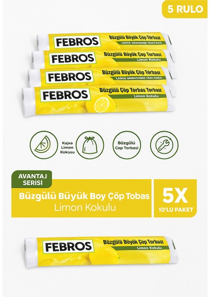 5'li Büyük Boy 65X70CM Avantaj Limon Kokulu Büzgülü Dayanıklı Extra Koruma Çöp Poşeti