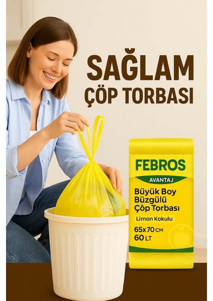 5'li Büyük Boy 65X70CM Avantaj Limon Kokulu Büzgülü Dayanıklı Extra Koruma Çöp Poşeti modelleri