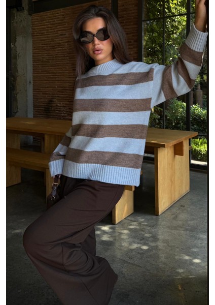 Camel Bisiklet Yaka Çizgili Oversize Triko Kazak MG1972