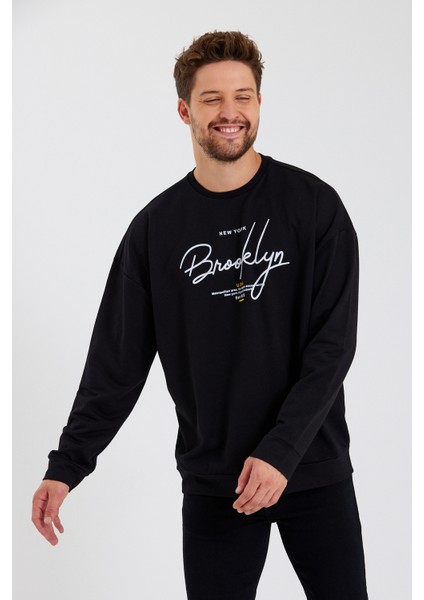 Süperlife Erkek Bisiklet Yaka Regular Fit El Yazılı Brooklyn Ince Sweatshirt SPR23SW331