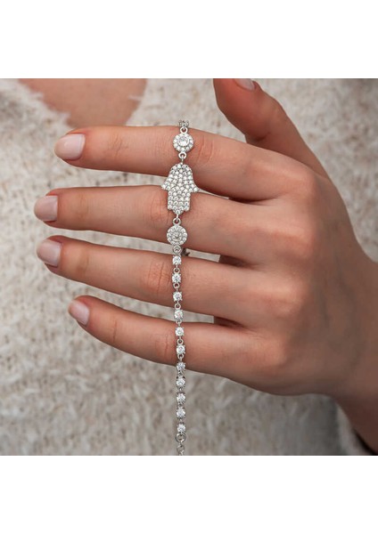 Gümüş Zirkon Taşlı Fatma Ana Eli Kadın Bileklik (BC-97FE26)