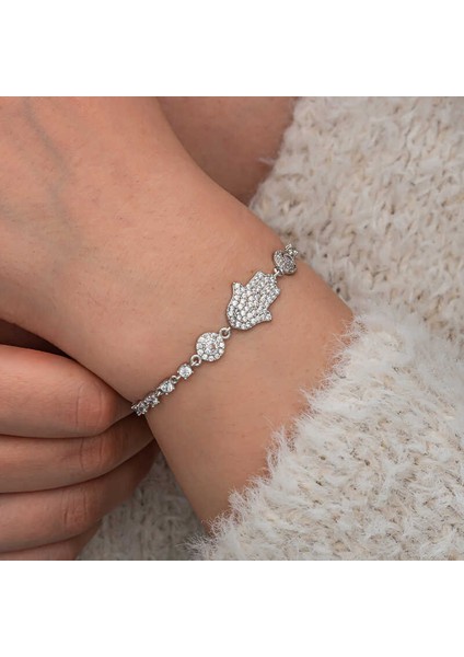 Gümüş Zirkon Taşlı Fatma Ana Eli Kadın Bileklik (BC-97FE26) modelleri