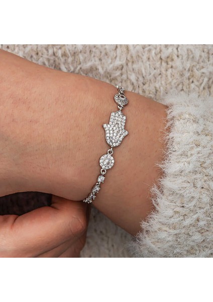 Gümüş Zirkon Taşlı Fatma Ana Eli Kadın Bileklik (BC-97FE26) indirimleri