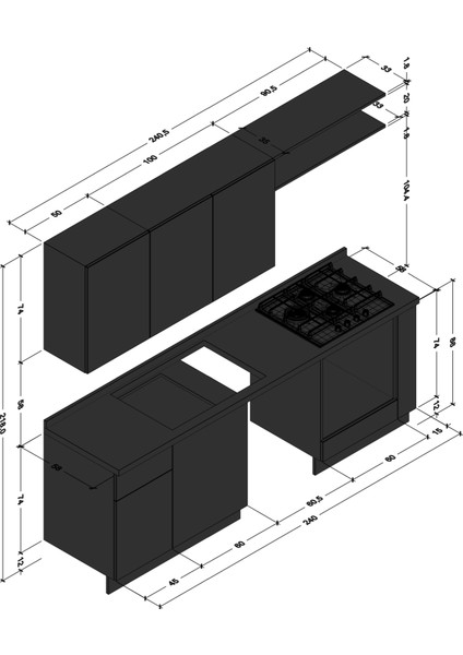 Tiana Server-B 240 cm Mutfak Dolabı Takımı Parlak Beyaz MDF Lam