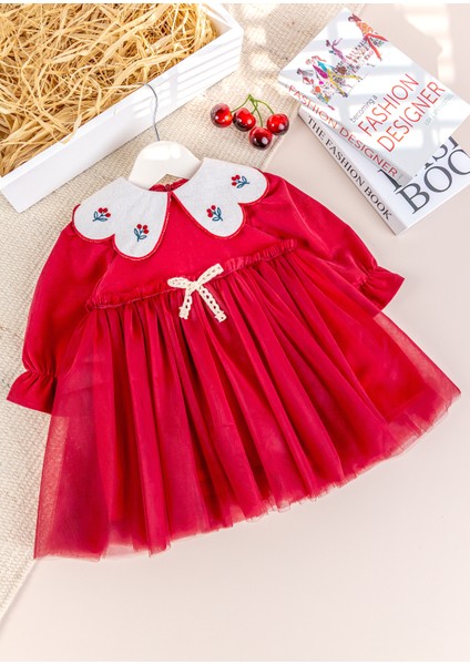 Bebe Yaka Tül Etekli Şık Özel Gün Kadife Bebek Elbise