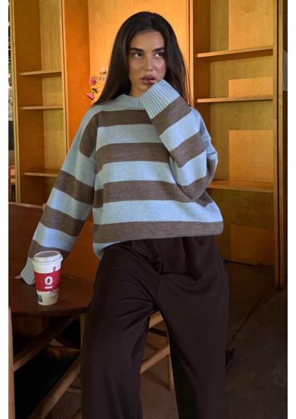 Camel Bisiklet Yaka Çizgili Oversize Triko Kazak MG1972 fırsatları