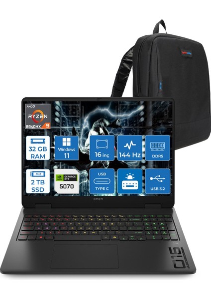 Omen 16-AP0019NT Amd Ryzen™ 9 8940HX Aı 32GB Ddr5 2tb SSD 8GB/RTX5070 Gddr7 16 Inç 144 Hz, IPS 300 Nit 1920 x 1200 Wuxga WIN11PRO Gaming BILG.C12CNEAP09+ZETTAÇANTA