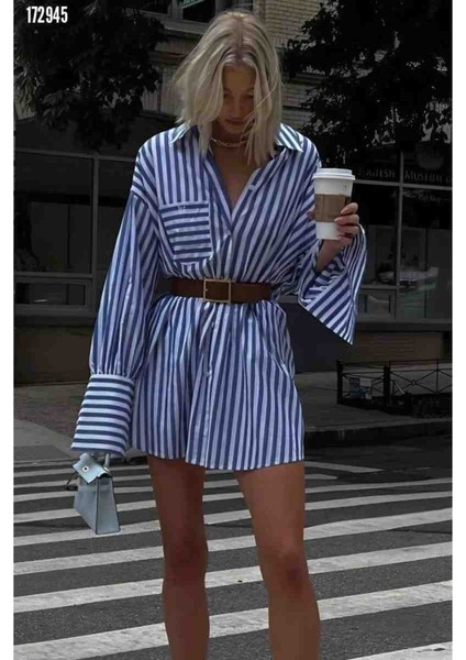 Kadın Gömlek-Elbise Çizgili Desen, Kırmızı Gül Figürlü Kolye Hediye