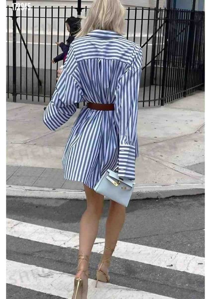 Kadın Gömlek-Elbise Çizgili Desen, Kırmızı Gül Figürlü Kolye Hediye modelleri