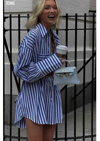 Kadın Gömlek-Elbise Çizgili Desen, Kırmızı Gül Figürlü Kolye Hediye fırsatları