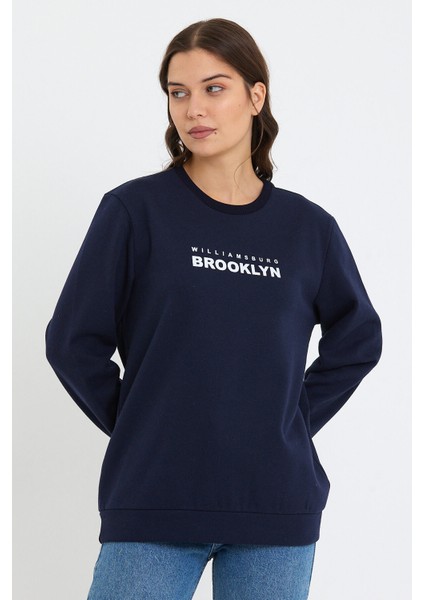 Süperlife Kadın Bisiklet Yaka Oversize Fit Brooklyn Baskılı Ince Sweatshirt SPR23SWK330