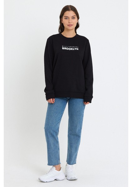 Süperlife Kadın Bisiklet Yaka Oversize Fit Brooklyn Baskılı Ince Sweatshirt SPR23SWK330