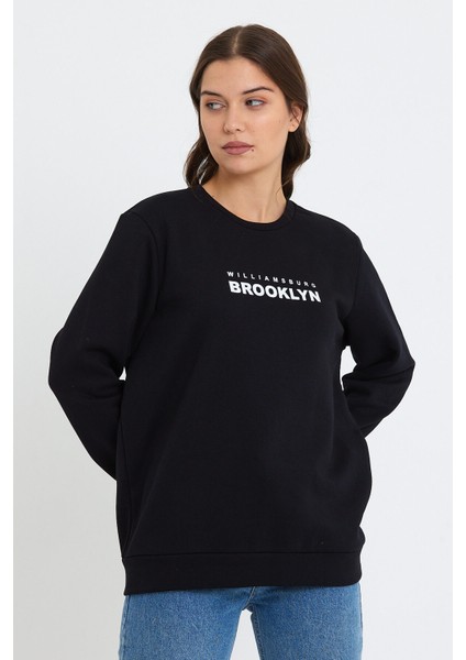 Süperlife Kadın Bisiklet Yaka Oversize Fit Brooklyn Baskılı Ince Sweatshirt SPR23SWK330 fırsatları