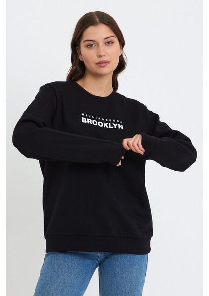 Süperlife Kadın Bisiklet Yaka Oversize Fit Brooklyn Baskılı Ince Sweatshirt SPR23SWK330 indirimleri