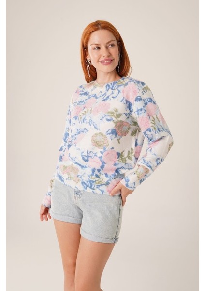 Retro Çiçek Desenli Yumoş Kazak