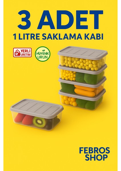 3'lü 1l Derin Dondurucu Saklama Kabı Set Buzluk Mikrodalga Gıda Gri Plastik Kap