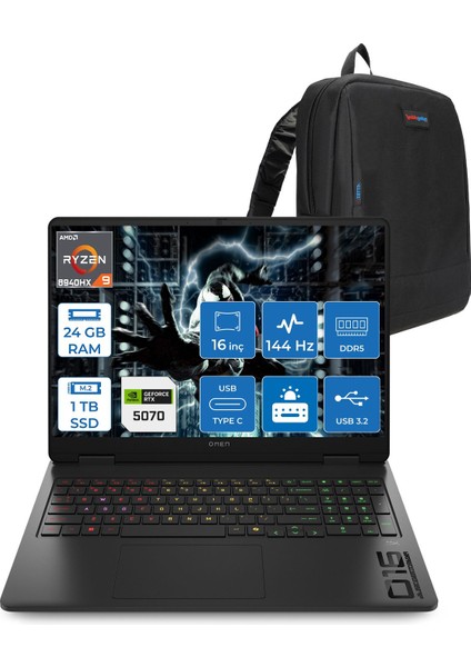 Omen 16-AP0019NT Amd Ryzen™ 9 8940HX Aı 24GB Ddr5 1tb SSD 8GB/RTX5070 Gddr7 16 Inç 144 Hz, IPS 300 Nit 1920 x 1200 Wuxga Freedos Gaming BILG.C12CNEAF03+ZETTAÇANTA