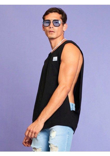 Erkek Oversize Yanları Açık Etiket Detaylı Siyah Atlet
