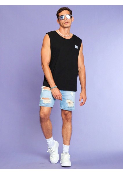 Erkek Oversize Yanları Açık Etiket Detaylı Siyah Atlet fiyatları