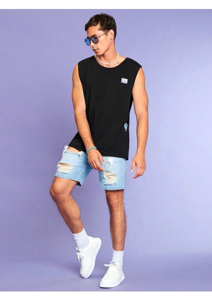 Erkek Oversize Yanları Açık Etiket Detaylı Siyah Atlet modelleri