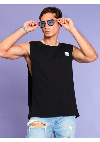 Erkek Oversize Yanları Açık Etiket Detaylı Siyah Atlet fırsatları