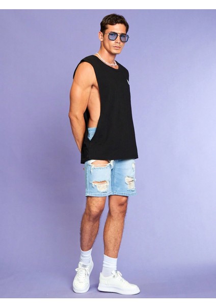 Erkek Oversize Yanları Açık Etiket Detaylı Siyah Atlet indirimleri