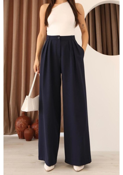 Kadın Lacivert 3 Pileli Palazzo Kumaş Pantolon Bol Paça - Yüksek Bel