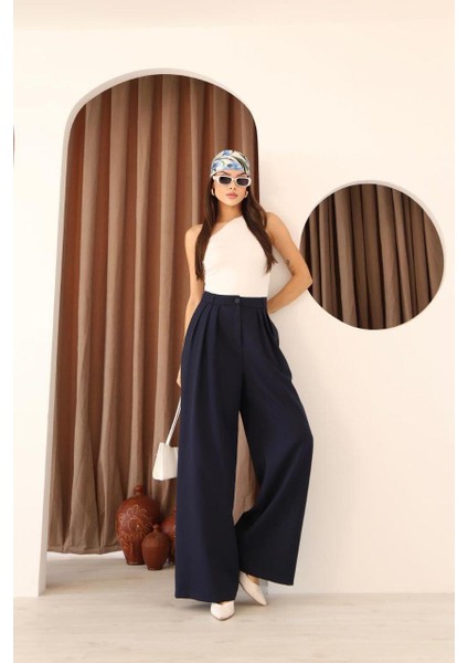 Kadın Lacivert 3 Pileli Palazzo Kumaş Pantolon Bol Paça - Yüksek Bel fiyatları