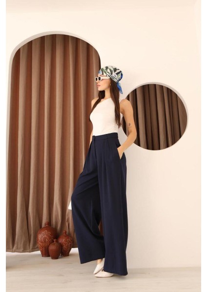 Kadın Lacivert 3 Pileli Palazzo Kumaş Pantolon Bol Paça - Yüksek Bel fırsatları