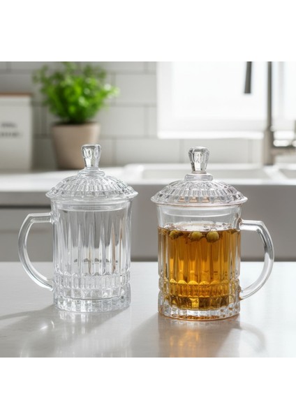 2'li Büyük Boy Kapaklı Cam Bitki Çayı Kupası Seti 350ML.