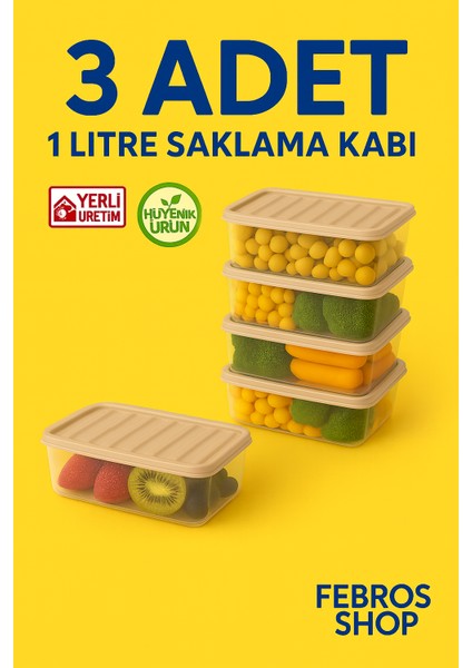 3'lü 1l Derin Dondurucu Saklama Kabı Set Buzluk Mikrodalga Gıda Krem Plastik Kap