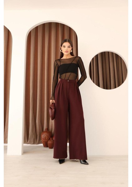 Kadın Bordo 3 Pileli Palazzo Kumaş Pantolon Bol Paça - Yüksek Bel