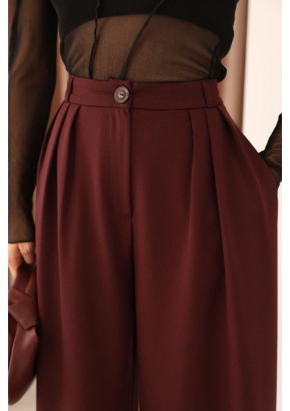 Kadın Bordo 3 Pileli Palazzo Kumaş Pantolon Bol Paça - Yüksek Bel fiyatları