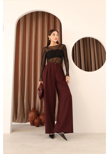 Kadın Bordo 3 Pileli Palazzo Kumaş Pantolon Bol Paça - Yüksek Bel modelleri