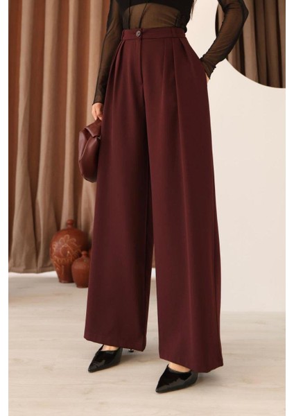 Kadın Bordo 3 Pileli Palazzo Kumaş Pantolon Bol Paça - Yüksek Bel fırsatları