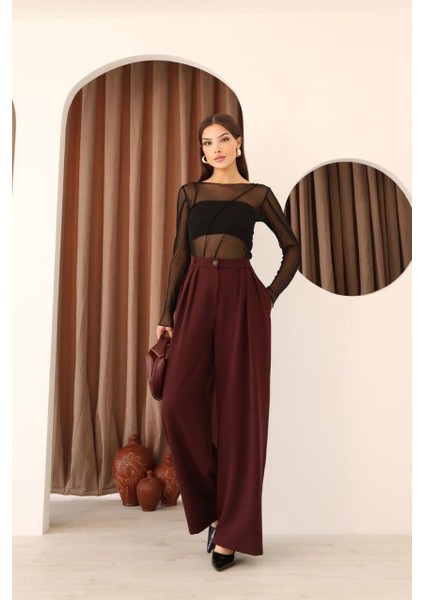 Kadın Bordo 3 Pileli Palazzo Kumaş Pantolon Bol Paça - Yüksek Bel indirimleri