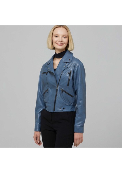 Mavi Hakiki Deri Kadın Hakiki Deri Biker Mont - K22IDM320232-R53 fırsatları