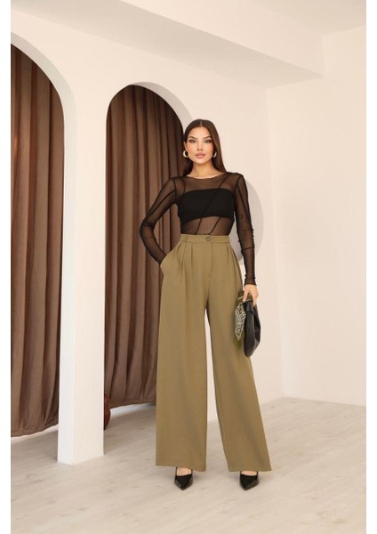 Kadın Haki 3 Pileli Palazzo Kumaş Pantolon Bol Paça - Yüksek Bel