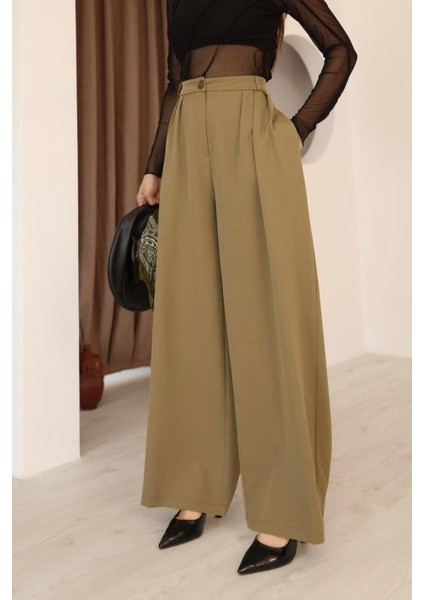 Kadın Haki 3 Pileli Palazzo Kumaş Pantolon Bol Paça - Yüksek Bel fiyatları
