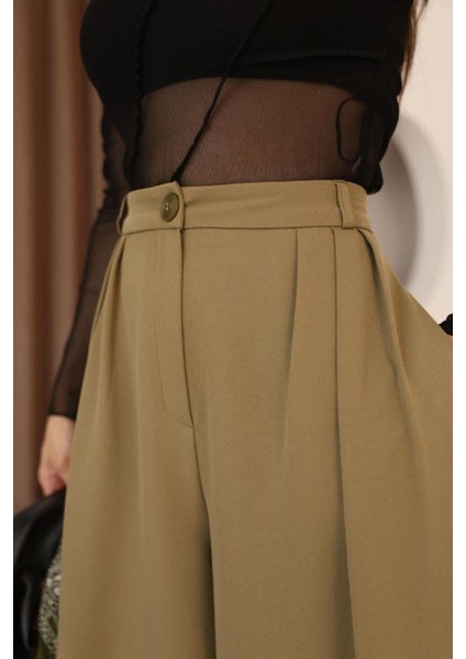 Kadın Haki 3 Pileli Palazzo Kumaş Pantolon Bol Paça - Yüksek Bel fırsatları