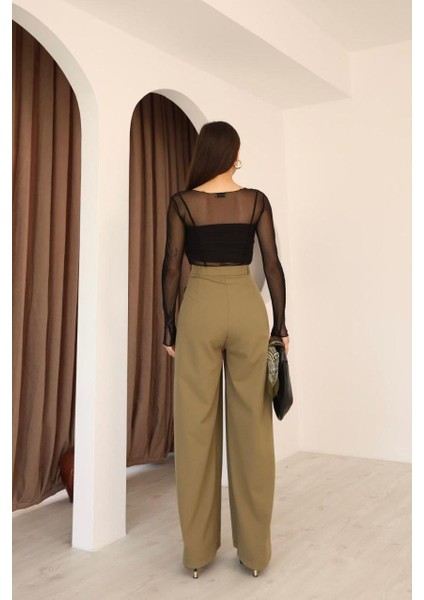 Kadın Haki 3 Pileli Palazzo Kumaş Pantolon Bol Paça - Yüksek Bel indirimleri