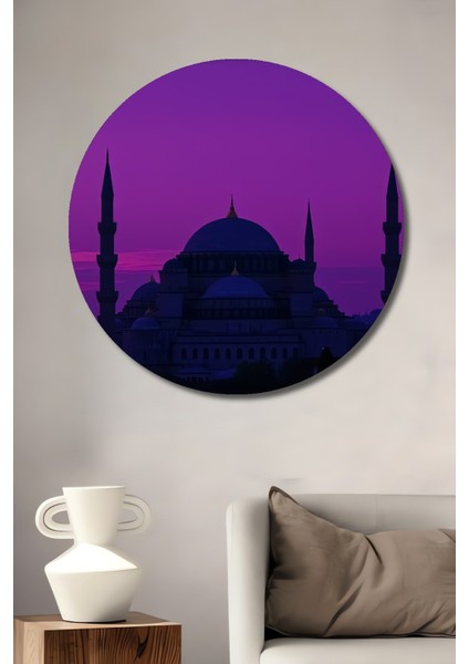 Eflatun Istanbul Silüeti Yağlı Boya Görünümlü Dekoratif Ahşap Ev/işyeri/ofis Yuvarlak Tablo