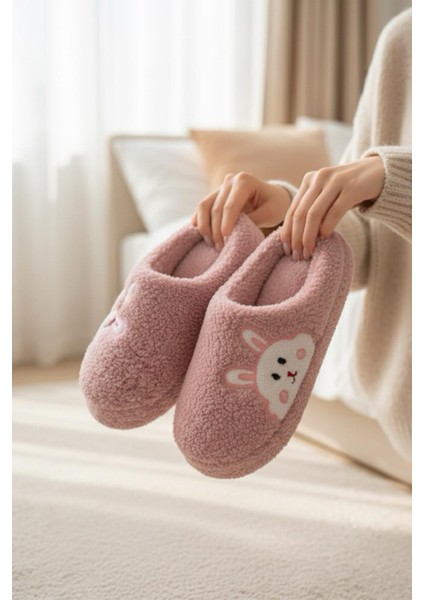 Ft 101 Tavşan Nakışlı Kadın Ev Terliği Peluş Terlik Çeyiz ve Bohça Terliği Ses Yapmaz Kalın Taban