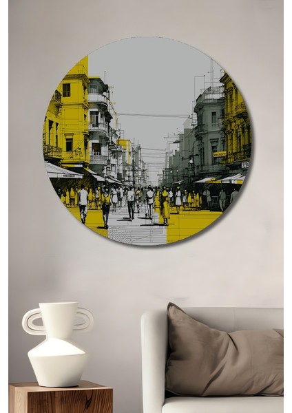 Kalabalık Şehir Sokağı Kara Kalem Görünümlü Dekoratif Ahşap Ev/işyeri/ofis Yuvarlak Tablo