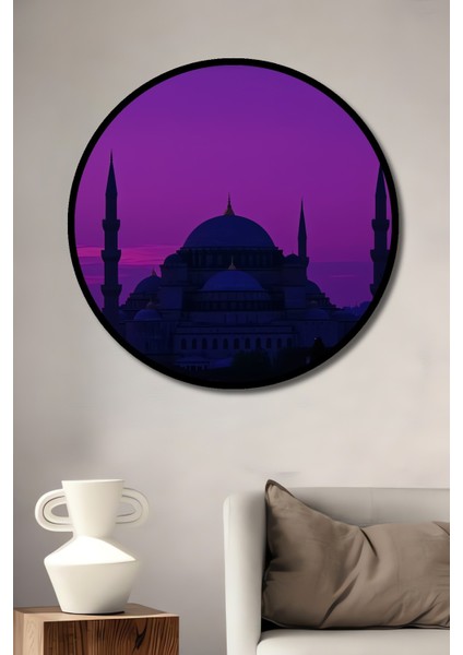 Çerçeve Görünümlü Eflatun Istanbul Silüeti Yağlı Boya Görünümlü Dekoratif Ahşap Ofis Yuvarlak Tablo