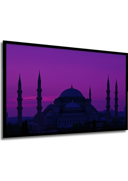 Çerçeve Görünümlü Eflatun Istanbul Silüeti Yağlı Boya Görünümlü Dekoratif Ahşap Ofis Kare Tablo modelleri