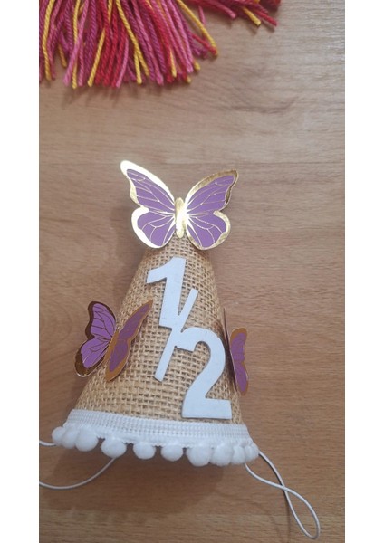 Yarım Yaş 6 Ay Şapka Jüt Kumaş Şapka Kelebek Mor Doğum Günü Şapkası 6 Ay Çuval Kumaşlı